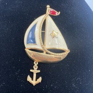 Vintage Avon Enamel Sailboat Brooch Pin Ship's Anchor Charm Nautical Gold Tone